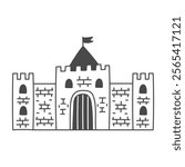 Medieval Castle Hand drawn illustration. Outline royal architecture building. Fortress with turrets and flag. Isolated vector illustration