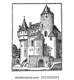 medieval castle hand drawn illustration