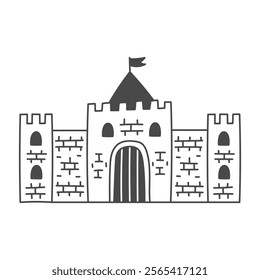 Medieval Castle Hand drawn illustration. Outline royal architecture building. Fortress with turrets and flag. Isolated vector illustration