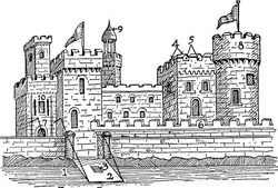 Château Médiéval Du Saint Empire Romain. 1 Laine, 2 Drawbridge, 3 Wicket, 4 Merlons, 5 Embrasures, 6 Rampart, 7 Portcullis, 8 Donjon Ou Keep, 9 Tourelle, 10 Escutcheon, Il Montre Trois Tailles Différentes