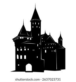 Medieval castle icon in the form of a black silhouette with window and door openings on a white background. Simple illustration of a medieval castle vector icon for web and your designs