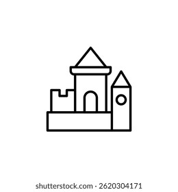 Medieval castle icon, linear architectural element, silhouette on white background