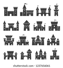 Medieval castle icon set, black silhouette. Fantasy or architecture fortified old residence. Vector illustration isolated on white background