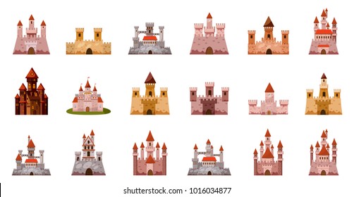 Medieval castle icon set. Cartoon set of medieval castle vector icons for web design isolated on white background