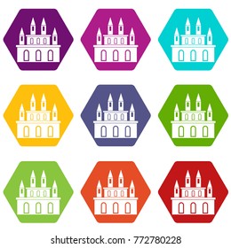Medieval castle icon set many color hexahedron isolated on white vector illustration