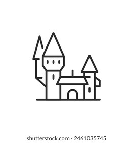 Medieval castle icon. Simplified representation of a historical castle with towering spires, symbolizing royal heritage, feudal history, architectural grandeur of the medieval era. Vector illustration