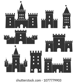 Medieval castle icon vector set. Castle tower silhouette in a flat style. Knights, royal, princess castle sign.