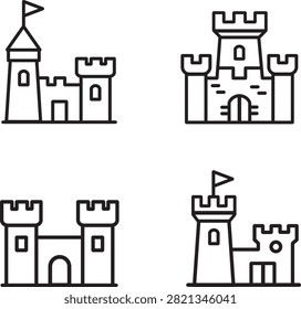 Medieval Castle Icons Set Featuring Fortresses Turrets Battlements and Flags