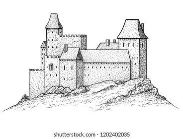 Medieval Castle Illustration, Drawing, Engraving, Ink, Line Art, Vector