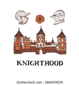 Medieval castle illustration with knight helmets and wax seal stamp in hand drawn style. Mansion vintage sketch. Knighthood and chivalry concept. Jousting or knight tournament invitation