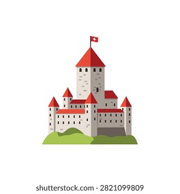 Medieval Castle Illustration with Red Roofs and Swiss Flag on Green Hills Isolated on White Background