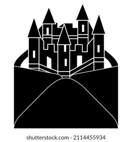 Medieval Castle Inside Paper Envelope. Black And White Silhouette. Creative Concept.