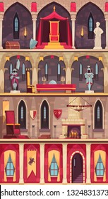 Castillo medieval interior 4 banderas planas colocadas con salón comedor salas de trono aisladas ilustración vectorial