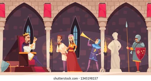 Medieval Castle Interior Cartoon Banner With King On Throne Lord Lady Knight Guard Horn Blower Vector Illustration