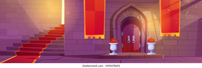 Medieval castle interior, wooden arched door with potted flowers, stone stairs with red carpet and brick wall, entry to palace with sunlight fall through window. Fairytale Cartoon vector scene