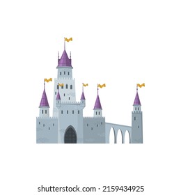 Medieval castle isolated cartoon queen or king palace with towers, gates and flag. Vector cinderella fantasy fort with bridge, purple roof, gray stony building. Royal fortress of prince princess