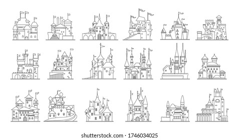 Medieval castle isolated line set icon. Vector illustration ancient palace on white background. Vector line set icon medieval castle.