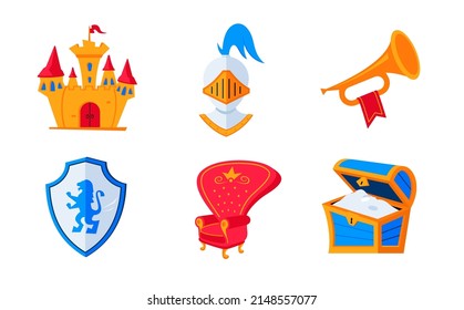 Medieval castle and kingdom - flat design style icons set. High quality colorful images of stone fortress with towers, knight helmet, trumpet, shield with coat of arms, royal throne and treasure chest