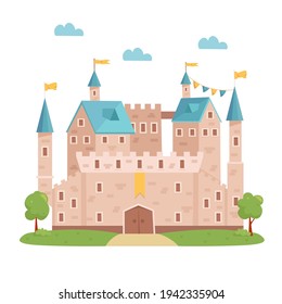 Medieval Castle. Knight fortress with towers and flags. Vector cartoon illustration.