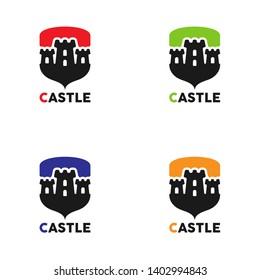 Medieval castle and knight fortress vector ancient royal logo set. Fairytale fortress symbol, historical royal building citadel illustration.