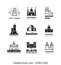 Medieval castle and knight fortress vector ancient royal logo set. Fairytale fortress logo, historical royal building citadel illustration