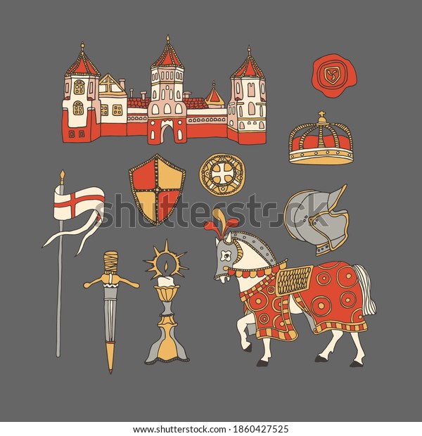 Medieval Castle And Knight Horse In Blanket And Armor Suit. Chivalry ...