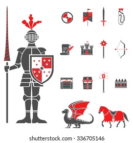 Medieval castle knight with lance and shield icons set and dragon red black abstract isolated vector illustration