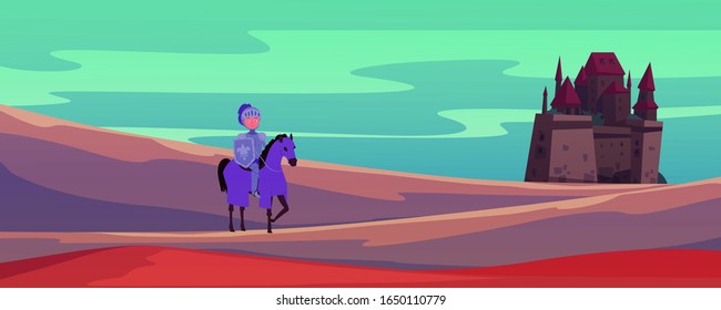 Medieval castle and knight on horse cartoon vector illustration banner. Brave warrior find the way to castle of dark warlock. Help knight to save princess game for kids or book cover.