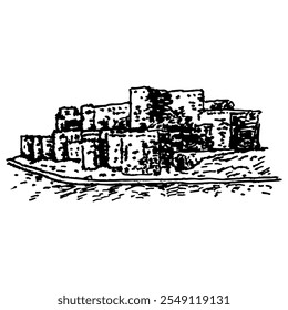 Medieval castle Krak des Chevaliers of the order of the Knights Hospitaller in Syria. Historical architectural fortress monument. Hand drawn linear doodle rough sketch. Black and white silhouette.