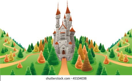 Medieval castle in the land. Cartoon and vector illustration