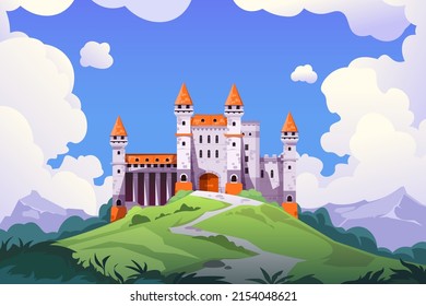 Medieval castle landscape. Cartoon medieval chateau with towers and stone walls, fairy tale palace and princess castle. Vector fantasy background. Ancient royal kingdom with towers