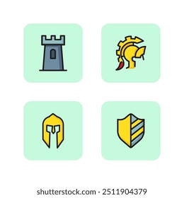 Medieval castle line icon set. Stone tower, heraldry, warrior and knight. Battle in Middle Ages concept. Vector illustration for web design and apps