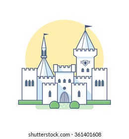 Medieval castle in linear flat style. Vector isolated illustration on white background. Snow-white palace with towers, gates and landscaping.