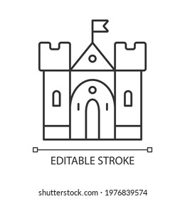 Medieval castle linear icon. Historic building. Fortress, palace. Housing and fortification. Thin line customizable illustration. Contour symbol. Vector isolated outline drawing. Editable stroke
