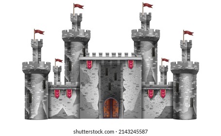 Medieval castle, magic fantasy fortress isolated on white, vector stone palace game illustration. Ancient king tower, entrance gate, royal gothic UI architecture clipart roof. Medieval castle exterior