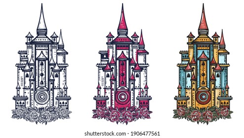 Medieval castle. Middle Ages gothic tower. Fairy tale concept. Old school tattoo vector art. Isolated on white. Traditional tattooing style 