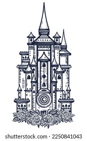 Castillo medieval. Torre gótica de la Edad Media. Concepto de cuento de hadas. Arte vectorial del tatuaje de la vieja escuela. Gráfico dibujado a mano. Aislado en blanco. Estilo tradicional de tatuaje de flash