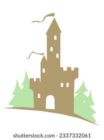 A medieval castle in the middle of a pine forest.