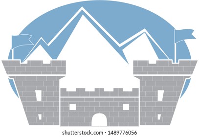 Medieval castle with mountain peaks behind