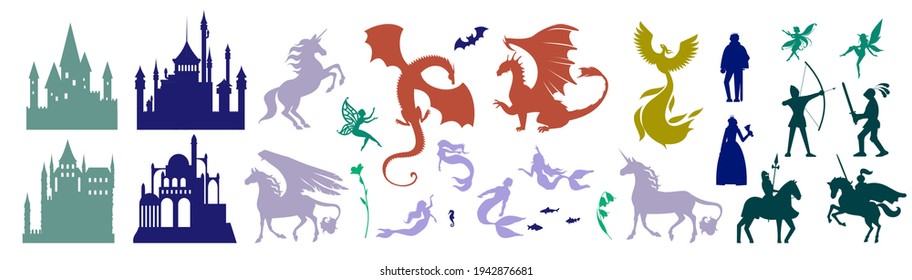 Medieval castle and mythical fairy tale character set, vector illustration. Magic unicorn, Pegasus, firebird, cute fairy, mermaids, knight with sword on horseback, flying dragon, king, queen, archer.