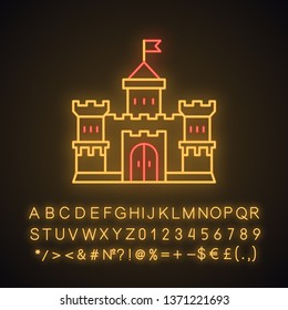 Medieval castle neon light icon. Fortified lord residence. Strong citadel. Stone fortress and towers. Kingdom palace. Glowing sign with alphabet, numbers and symbols. Vector isolated illustration