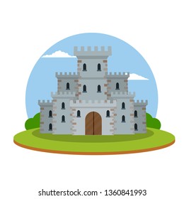 Medieval castle. Old fortress. European architecture and city centre. Military building of the knight and the king. Defense and reliability. Tower, wall and gate. Cartoon flat land illustration