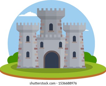 Medieval castle. Old fortress. European architecture and city centre. Military building of knight and king. Defense and reliability. Tower, wall and gate. Cartoon flat illustration. Cartoon landscape