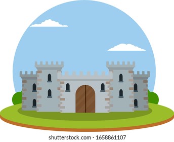 Medieval castle. Old fortress. Military building of knight and king. Defense and reliability. Cartoon flat illustration. Cartoon landscape. European architecture. Tower, wall and gate