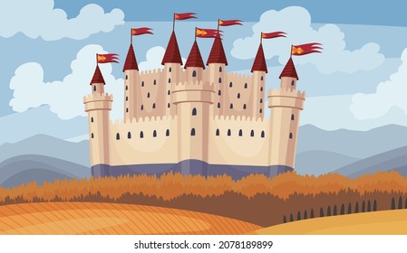 Medieval castle on a blue sky background. Cartoon middle ages historic period. Medieval architecture of stone castle