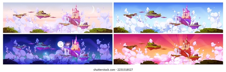 Medieval castle on floating islands at different time of day. Fantasy landscape with royal palace, waterfall and grass flying in sky in early morning, night, sunset and noon, vector cartoon scene