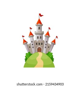 Medieval castle on green hill isolated cartoon queen or king palace with towers, gates and red flags on top. Vector cinderella fantasy fort, gray stony building. Royal fortress of prince princess