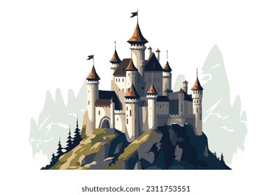 Medieval Castle on a Green hill. Fortified medieval stronghold or a hilltop fortress. vector