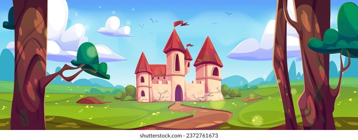 Medieval castle on green summer landscape. Vector cartoon illustration of fairytale kingdom, old royal palace with flag on top of stone tower, fantasy meadow with lawn and flowers, birds flying in sky