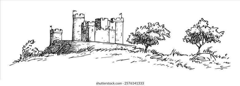 medieval castle on hill with trees in black and white hand-drawn style